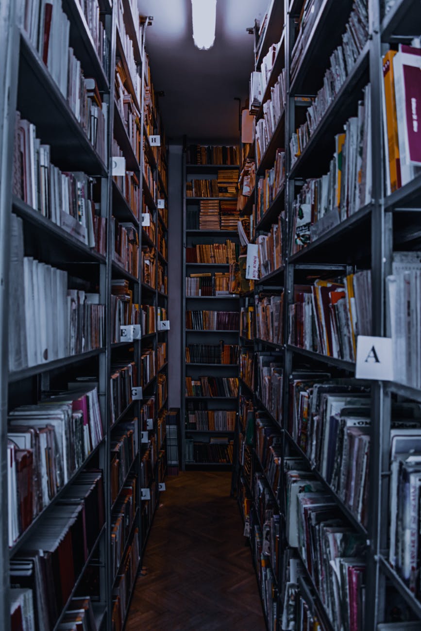 stacks of books on shelves in library