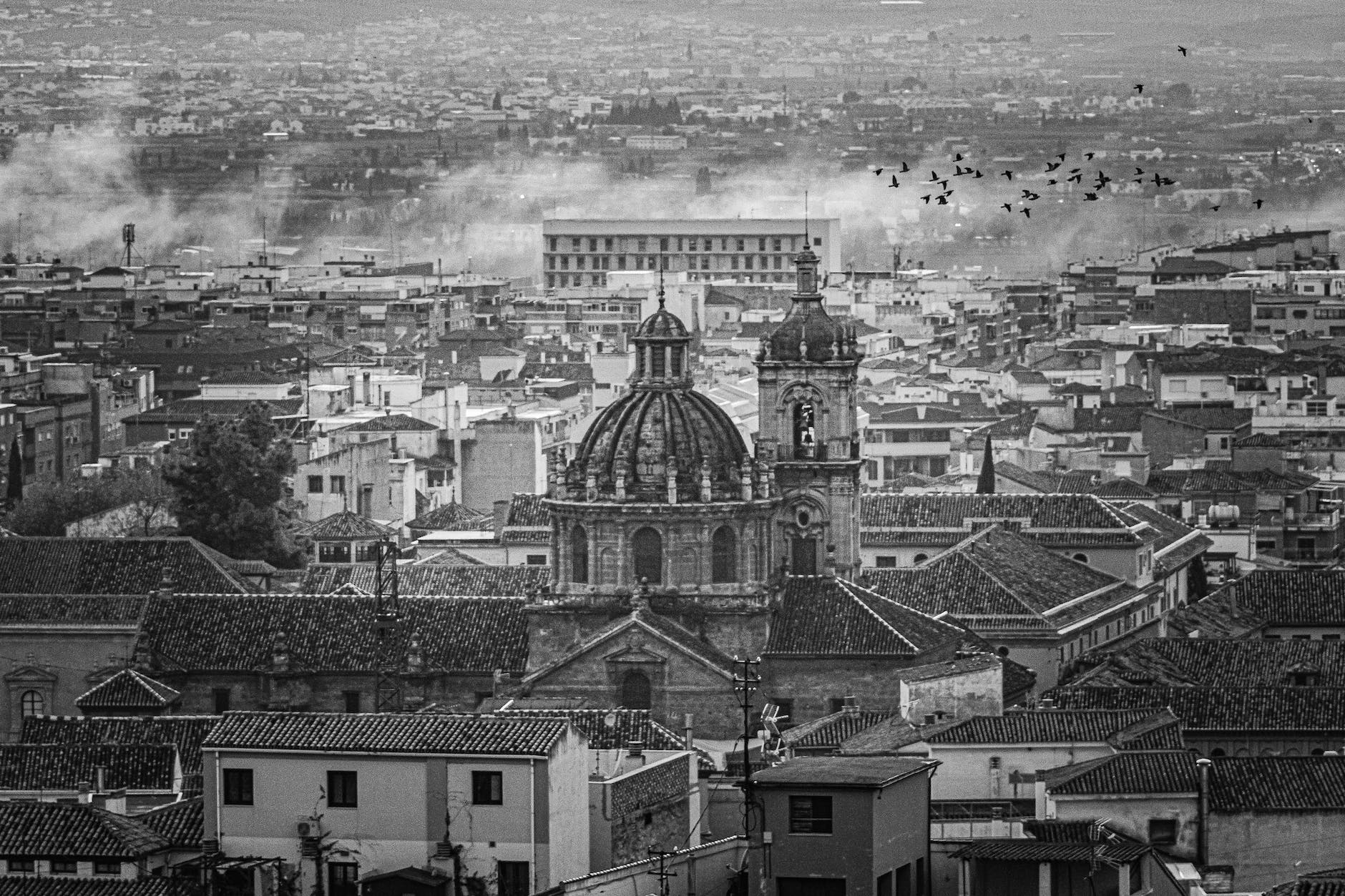 city skyline in black and white photo